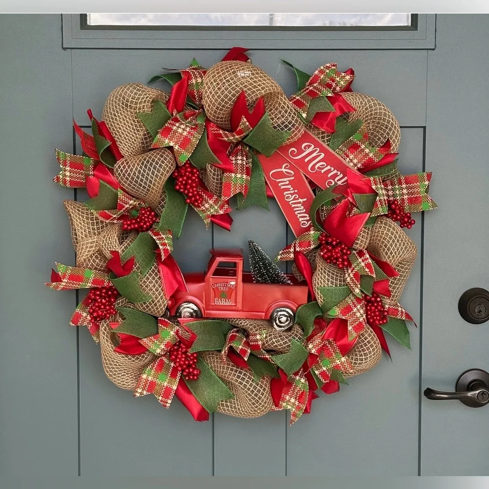 Red Truck Christmas Wreath Farmhouse Plaid Rustic Holiday Decor Made to Order